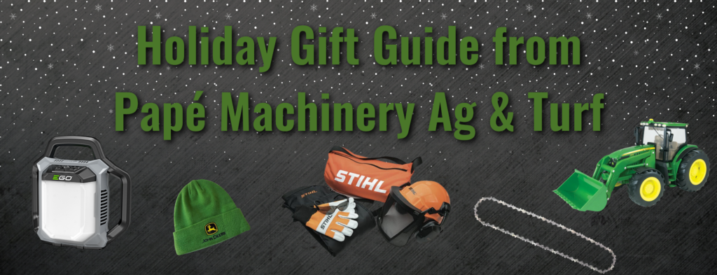 Holiday gift guide featuring outdoor power equipment and apparel including a portable power station, beanie, work gloves, safety gear, chainsaw, and green tractor with bucket.