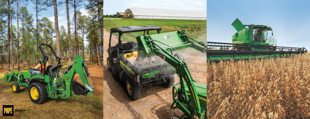Green and yellow agricultural machinery including a compact tractor with front loader, utility vehicle, and combine harvester in field and forest settings.