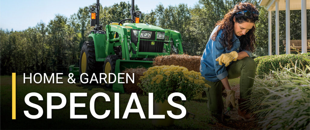 Home and garden specials banner featuring a woman gardening with landscaping materials and a green tractor in the background.