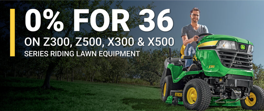 0% financing for 36 months on green and yellow riding lawn mowers, with a man demonstrating equipment outdoors.