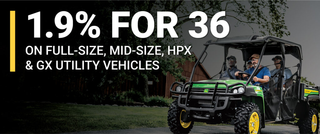Promotional graphic advertising 1.9% financing for 36 months on utility vehicles, featuring green and yellow utility vehicle with occupants in outdoor setting.