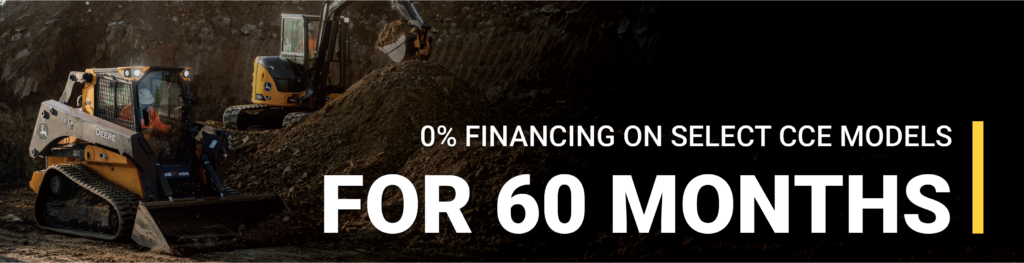 Heavy construction equipment moving soil with promotional text overlay about financing offer.