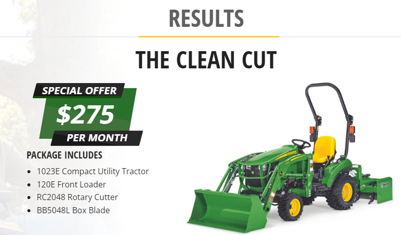 Green compact tractor with front loader and box blade attachment, displayed as $275 per month special offer package.