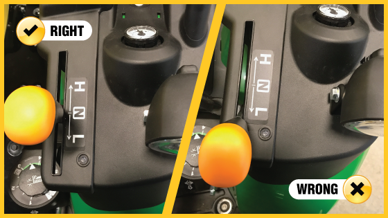 Comparison showing correct and incorrect ways to position a yellow control knob on audio equipment, with checkmark for right placement and X for wrong placement.