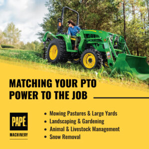 Green and yellow tractor with front-end loader on grassy hillside. Text lists PTO applications: mowing, landscaping, animal management, snow removal.