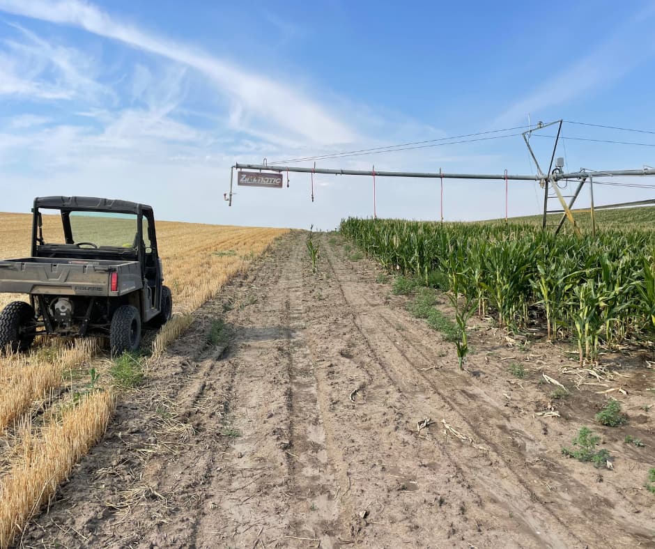 Utility vehicle parked beside an irrigation system spanning a corn field under clear sky.