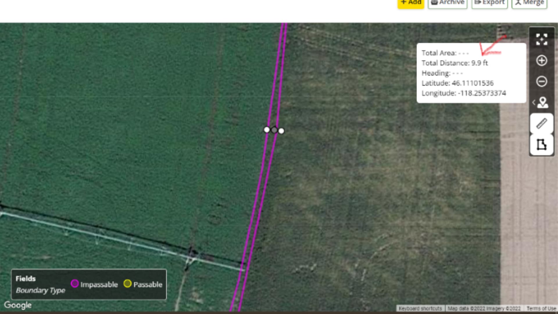Aerial map showing a field boundary marked in purple with distance measurement of 9.9 feet and coordinate data displayed.