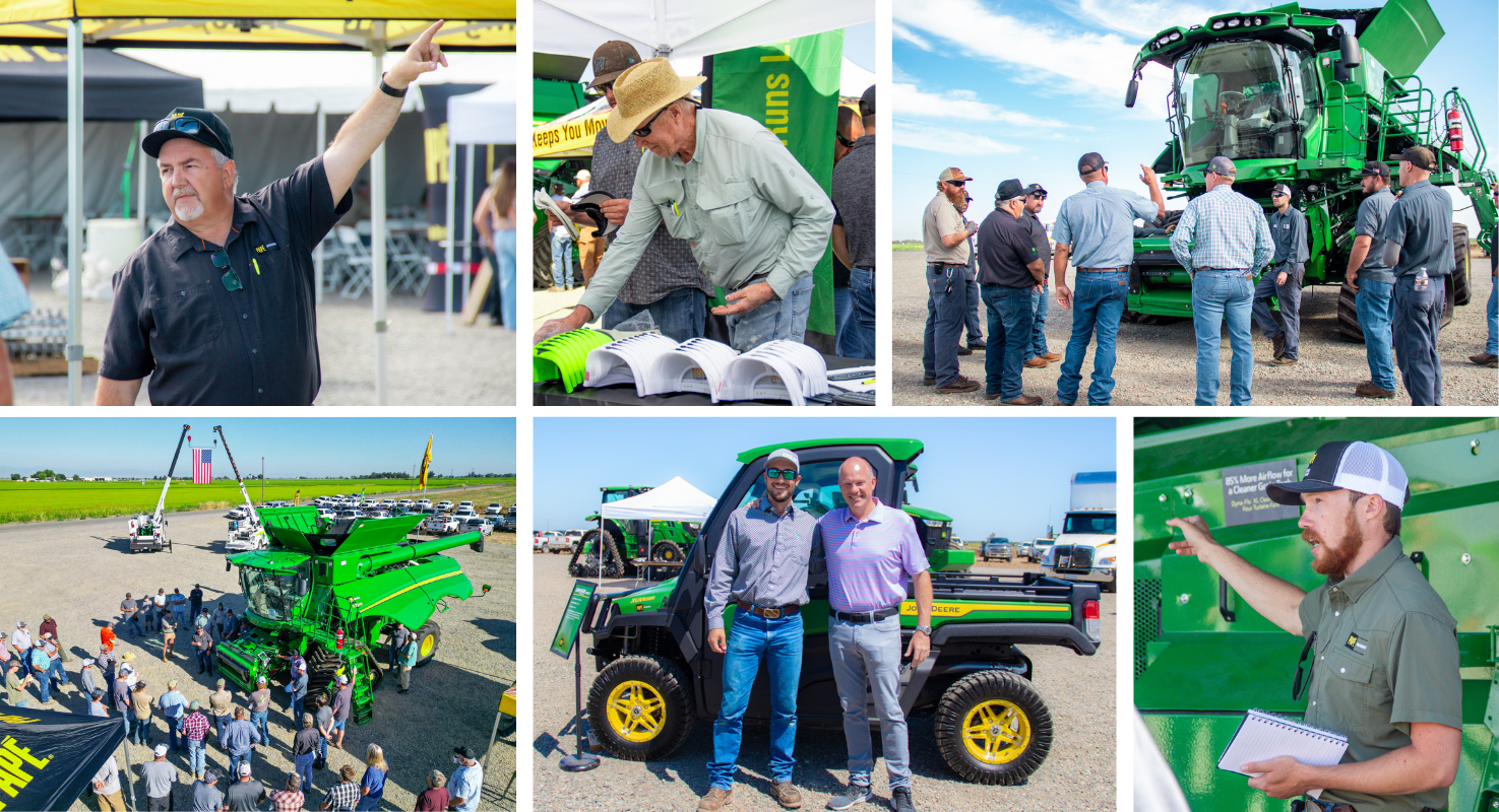 Agricultural equipment dealership event featuring green machinery, staff demonstrations, and visitors examining farm equipment outdoors.
