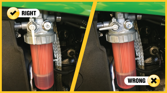 Comparison showing correct and incorrect installation of a red cylindrical filter housing with mounted valves and connectors.