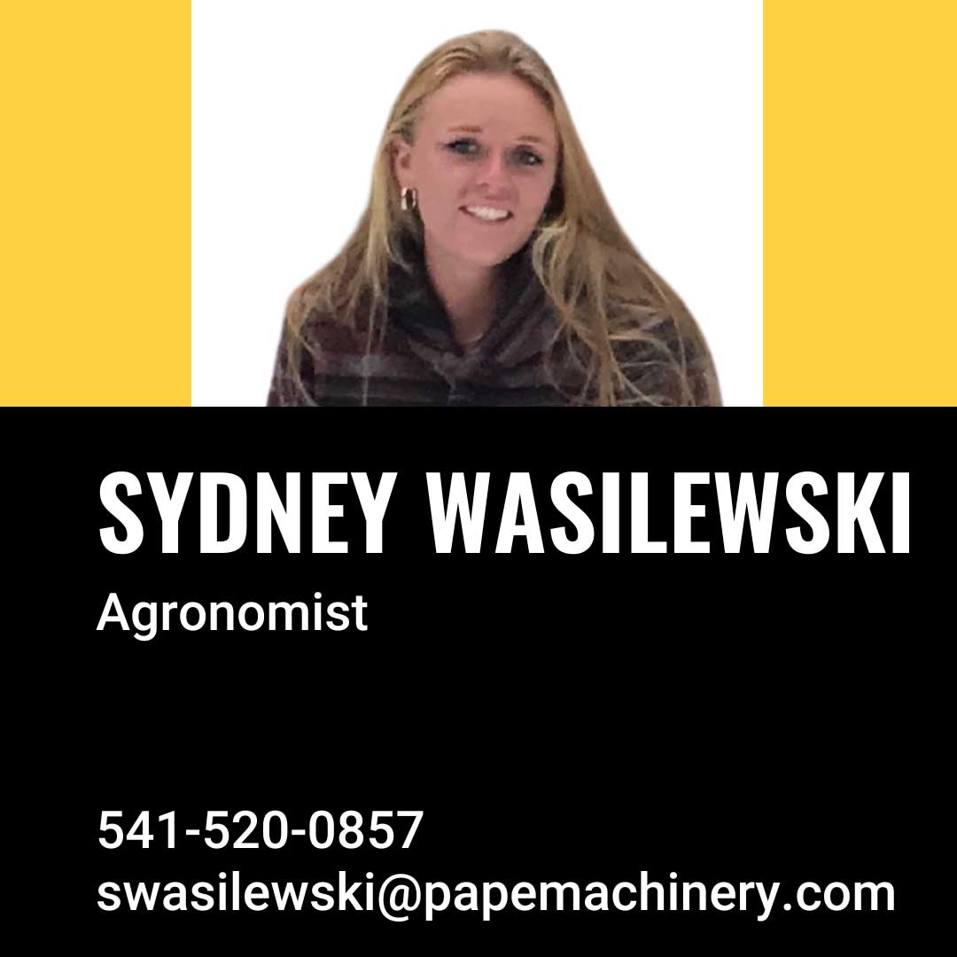 Professional contact card for Sydney Wasilewski, Agronomist, with phone number and email address displayed.