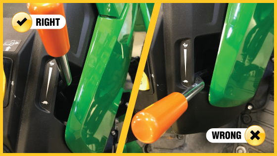 Comparison showing correct fuel nozzle placement in green pump handle versus incorrect placement in orange nozzle.