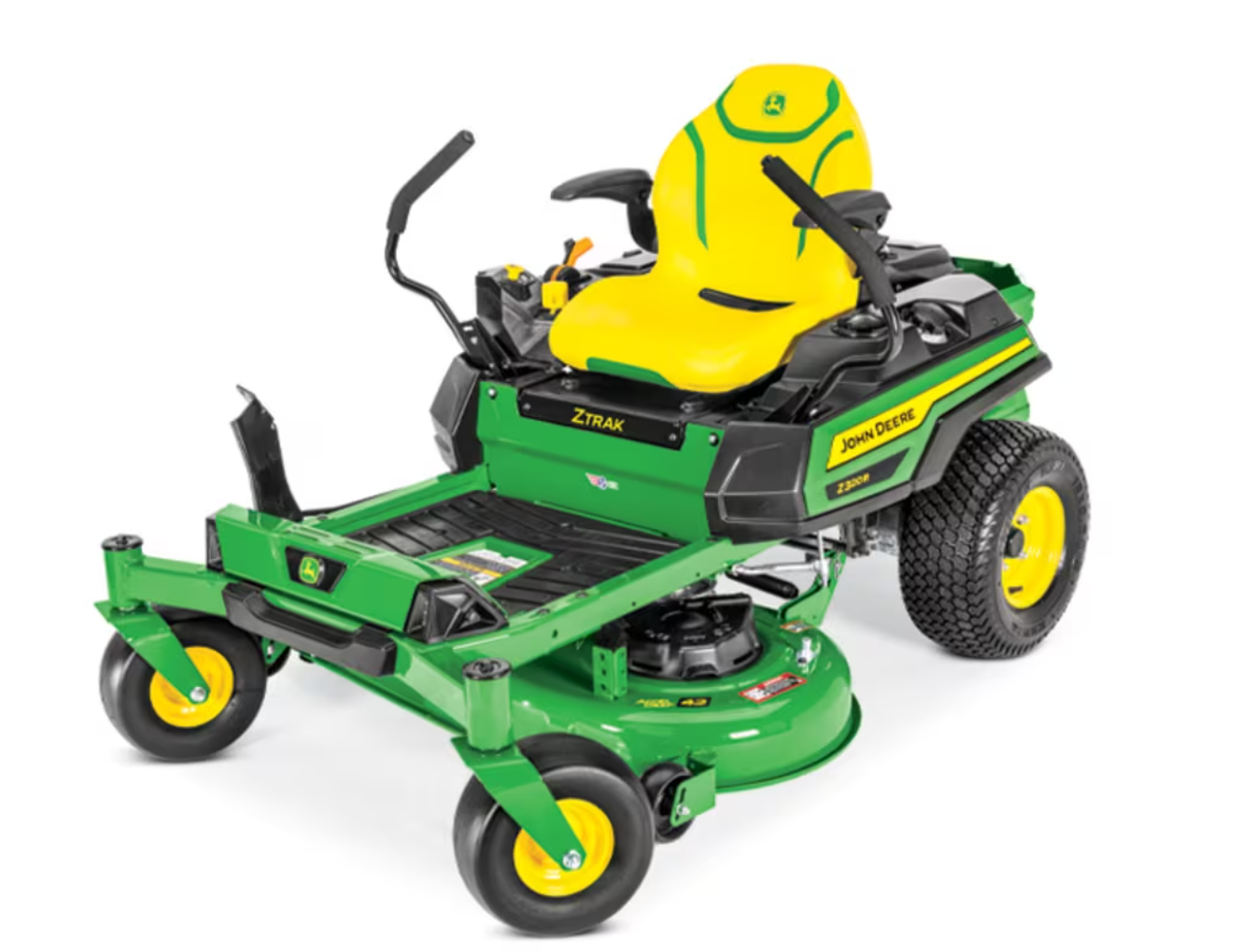 Green and yellow zero-turn radius riding lawn mower with front-mounted cutting deck and yellow seat.