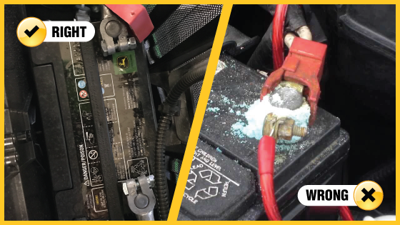 Comparison showing correct battery terminal connection on left versus incorrect corroded connection on right.
