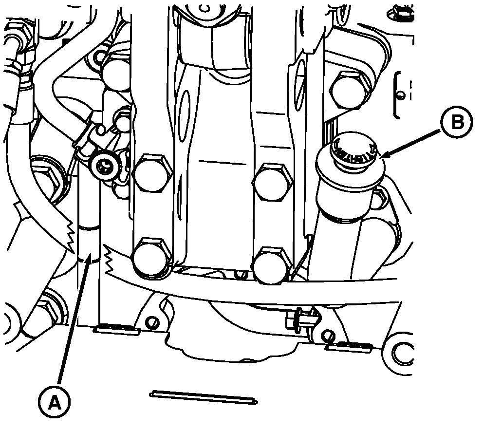 Technical diagram of engine or mechanical assembly showing internal components, piping, and mounting points labeled A, B, and C.