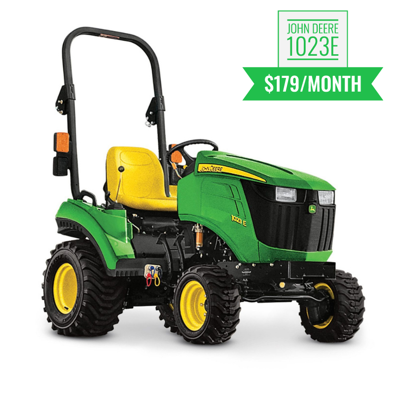 Green and yellow lawn tractor with yellow seat and curved canopy, advertised at $179 per month rental price.